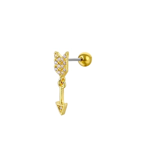 Macro detail of a gold arrow cartilage earring with micro-paved sparkling cubic zirconia