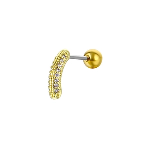 Detailed macro view of gold-tone stud earring with micro-pave zircons and screw back