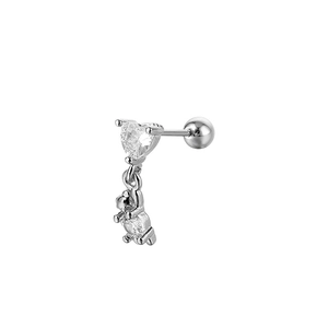 Silver bear stud earring with heart zircon and threaded ball back for women