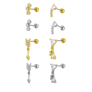 Copper Zirconia Heart Arrow Bear Ear Bone Stud Earrings With Stainless Steel Post Gold Silver Dainty Tiny Piercing Jewelry For Women