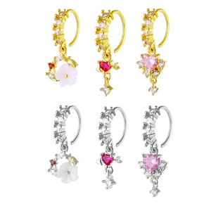 Anneau de Nez en Cuivre Zircone Coeur Fleur Flèche de Cupidon Bijoux de Piercing à la Mode Femmes Plaqué Or Argent