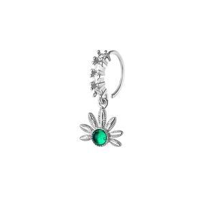 Silver butterfly nose ring with white zircons and a green gemstone floral pendant