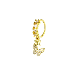 Golden butterfly nose ring with sparkling cubic zirconia crystals and double pendant drops