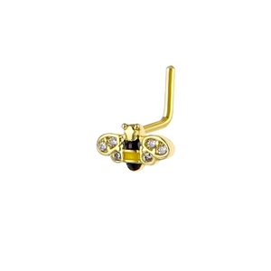 Detailed close-up of a 20G L-shaped nose stud featuring a tiny golden honeybee with CZ wings