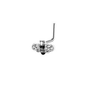 Elegant 20G L-shaped nose stud with silver bee design featuring sparkling crystal wings