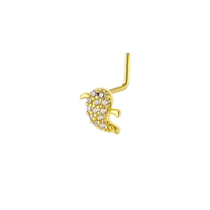 Detailed close-up of a 20G gold L-shaped nose stud with a diamond dolphin design