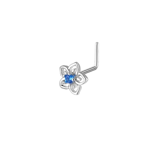 L-förmiger Nasenstecker mit blauer Edelsteinblume in poliertem Edelstahl-Finish
