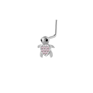 Detailed macro of turtle nose stud with pink crystals and L-shaped silver post