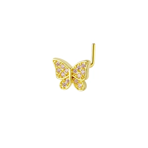 Detailed view of L-shaped gold nose stud featuring a butterfly design with pink zircons