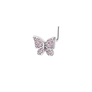 Chic L-shaped 20G nose stud featuring a silver butterfly with pink cubic zirconia stones
