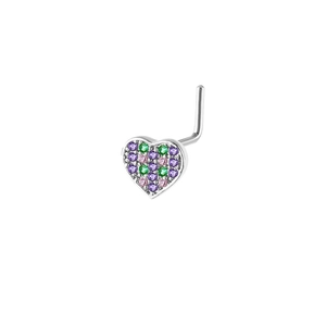 Detailed macro view of L-shaped nose stud with heart-shaped design and colorful stones