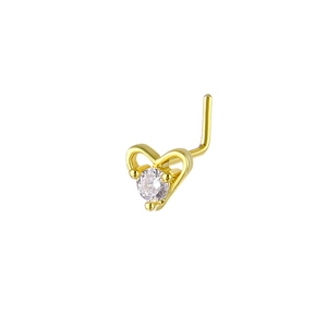 Detail of a 20G L-shaped gold nose stud featuring a heart frame with a clear zircon stone