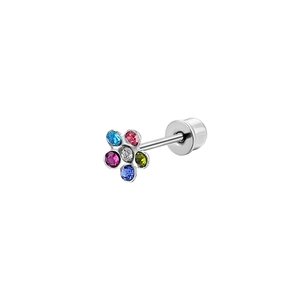 Clou d'oreille fleur en acier inoxydable avec cristaux colorés et fermoir à vis sécurisé