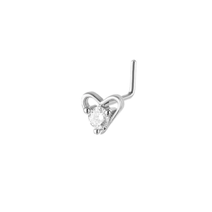 L-shaped nose stud featuring a hollow heart design with a sparkling round zircon stone