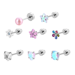 Boucles d'Oreilles Clous en Acier Chirurgical 316L pour Cartilage Zirconia Étoile Cœur Fleur Dos Plat Vis Bijoux Femme