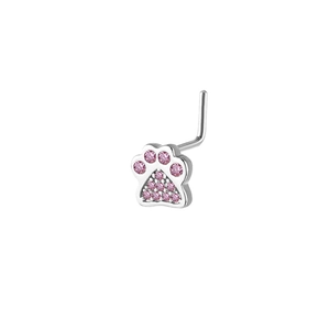 L-shaped nose stud featuring a pink zircon cat paw print in polished silver finish