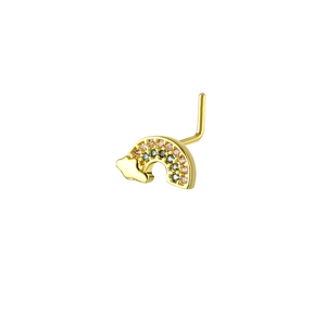Close-up of L-shaped nose stud featuring rainbow crystal zircon and cloud detail