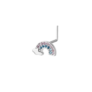 Detailed macro view of rainbow nose stud with pink and blue stones on silver metal