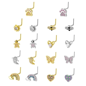 Sexy 20G L-Shaped Copper Zirconia Nose Studs For Women Butterfly Bee Rainbow Cat Claw Heart Body Piercing Jewelry