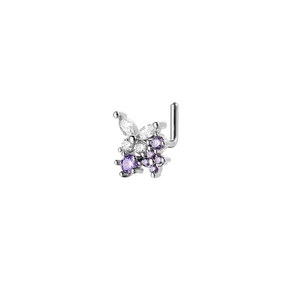 L-shaped nose stud with purple butterfly and flower crystals on polished steel