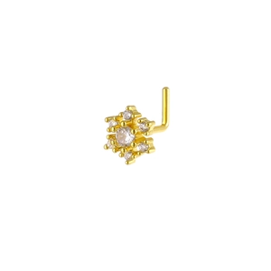 Detailed view of L-shaped gold nose stud with star-shaped cubic zirconia snowflake design