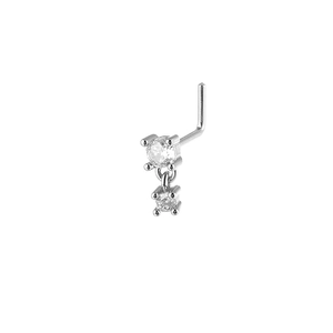 L-shaped copper nose stud with sparkling double zircon dangle and polished silver finish