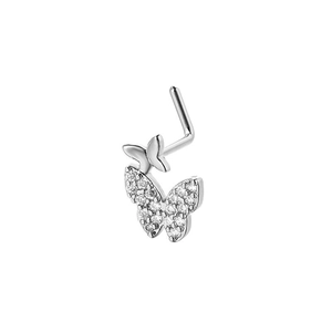 Surgical steel L-shaped nose stud with double butterfly design and sparkling cubic zirconia