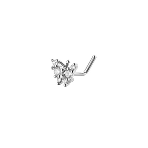 Surgical steel L-shaped nose stud featuring a crystal paved butterfly top on white background