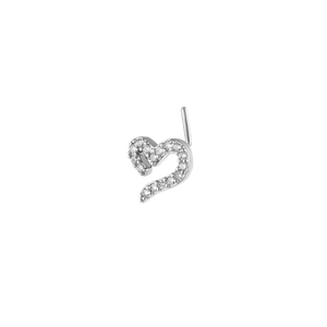 Macro shot of silver heart nose stud with sparkling cubic zirconia on a white background