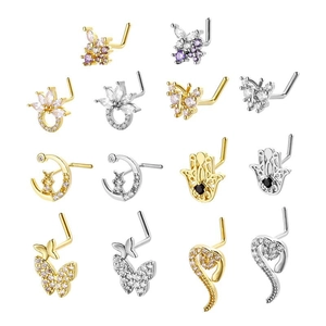 316L Stainless Steel Copper L Shaped Nose Stud With Zirconia Butterfly Hamsa Moon Cat Pattern Fashion Body Jewelry Women