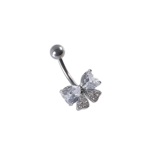 Surgical steel butterfly belly button ring with heart-shaped zircon stones and crystal accents