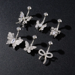 Zirconia Inlaid Copper Butterfly Belly Button Ring For Women Sexy Navel Piercing Jewelry Silver Butterfly Bow Body Jewelry