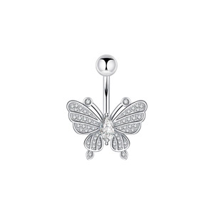 Silver butterfly belly button ring with hollow wings and cubic zirconia inlay