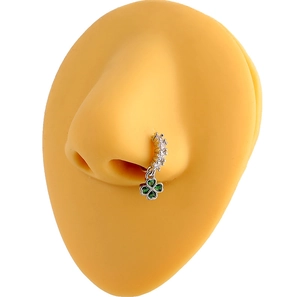 Nose ring with silver-plated copper hoop and green four-leaf clover zircon pendant
