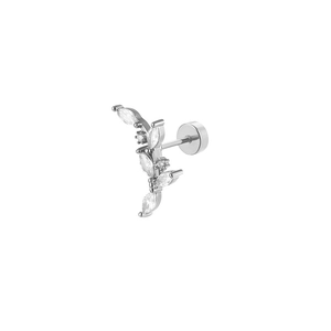 Detailed side view of silver leaf zircon cartilage stud with screw flat back design
