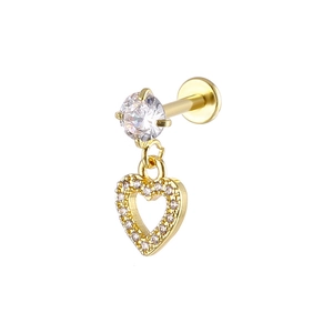 Gold flat back stud earring with dangling heart pendant and cubic zirconia stones