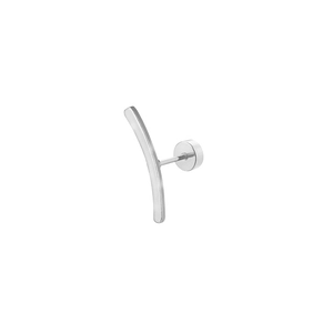 Close-up of a silver minimalist curved stud earring with a secure flat screw-back design