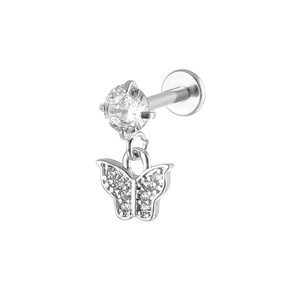 Silver butterfly labret stud with crystal zircon inlay for cartilage and tragus piercing