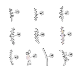 10pcs set of silver stainless steel helix studs with cubic zirconia and opal stones