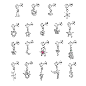 Set of 19 stainless steel labret earrings with various zircon charms like heart and star