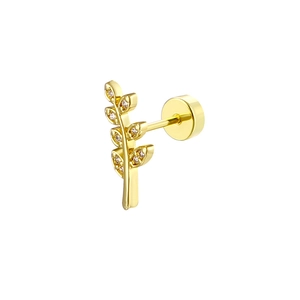 Golden branch cartilage stud earring with leaf zircons and flat screw back closure