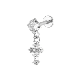 Polished silver labret stud with a sparkling cross pendant and round zircon stone