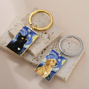 304 Stainless Steel Starry Night Style Cat Dog Pet Keychain Rectangular Artistic Printed Pendant Key Ring Jewelry Gift