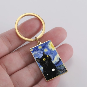 Starry night style black cat keychain in 304 stainless steel with golden ring pendant