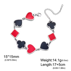 Poker suit charm bracelet in silver stainless steel with red and black enamel charms