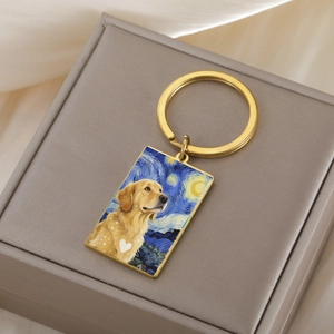 Starry night style dog pet keychain with rectangular 304 stainless steel and gold finish