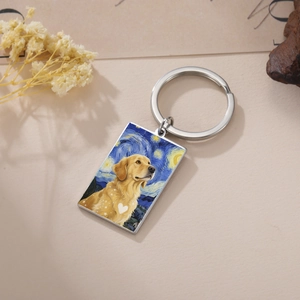 Detailed close-up of a 304 stainless steel keychain featuring a Van Gogh style golden retriever