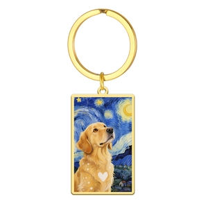 Starry Night style Golden Retriever printed rectangular stainless steel keychain