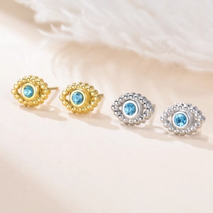 304 stainless steel Turkish evil eye stud earrings with blue crystals in gold and silver