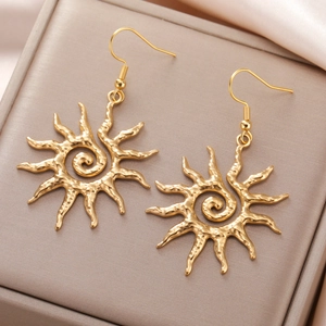 Stainless Steel Spiral Sun Dangle Earrings For Women Vintage Hammered Texture Sunburst Drop Earrings Gold Silver Fashion Party Jewelry